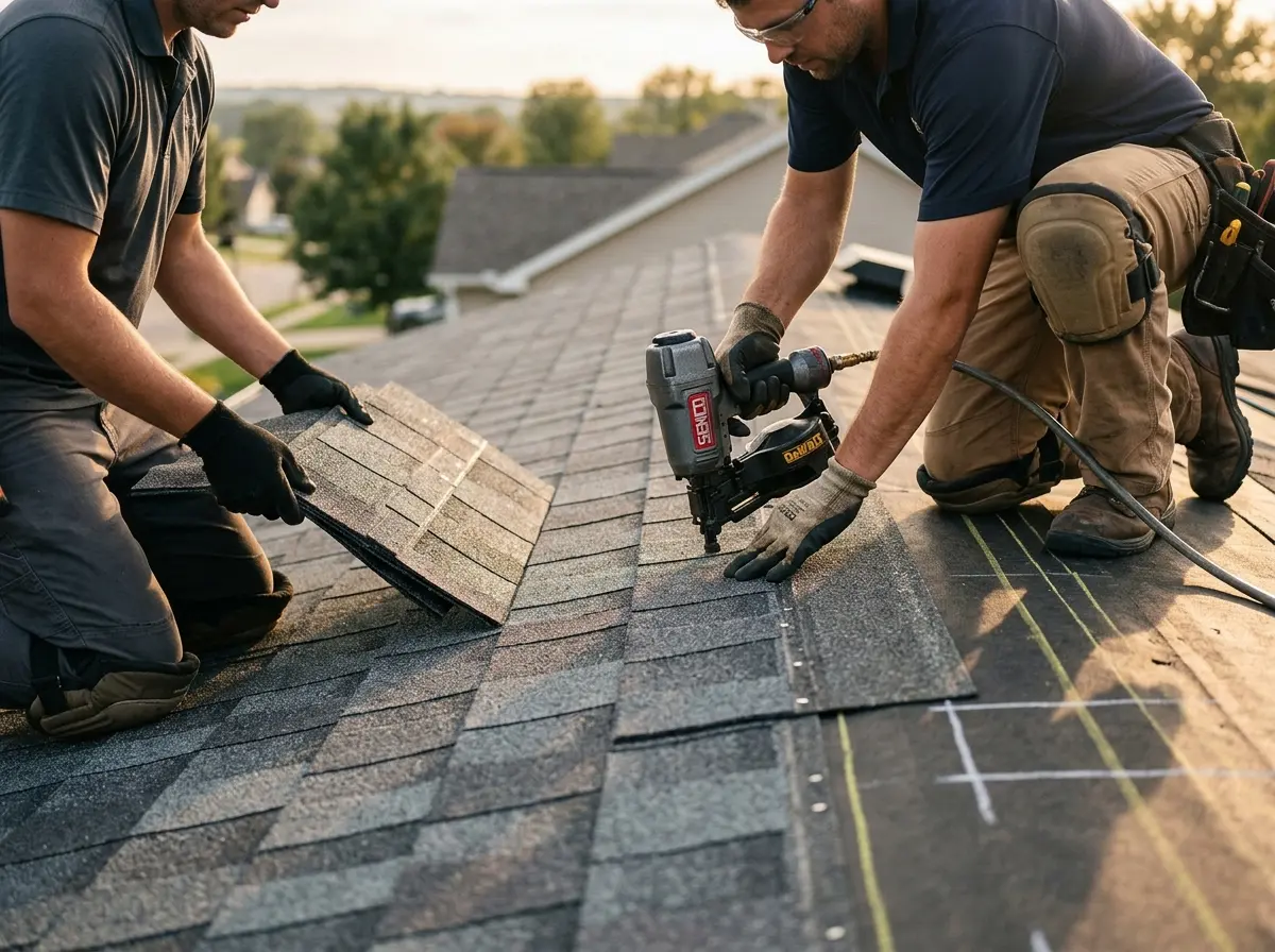 Professional roofer working on a residential roof in Lamesa